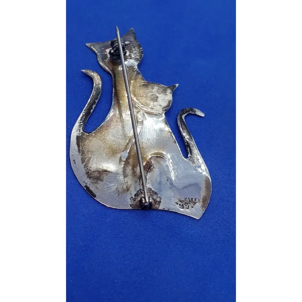 Vintage Brooch Cat & Kitten 925 Sterling Silver Mexico Cats MCM 1960s Cat Lover